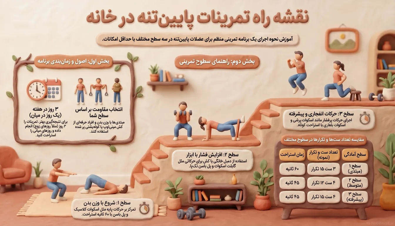 حرکات بدنسازی پایین تنه در خانه: راهنمای جامع برای آقایان و خانمها